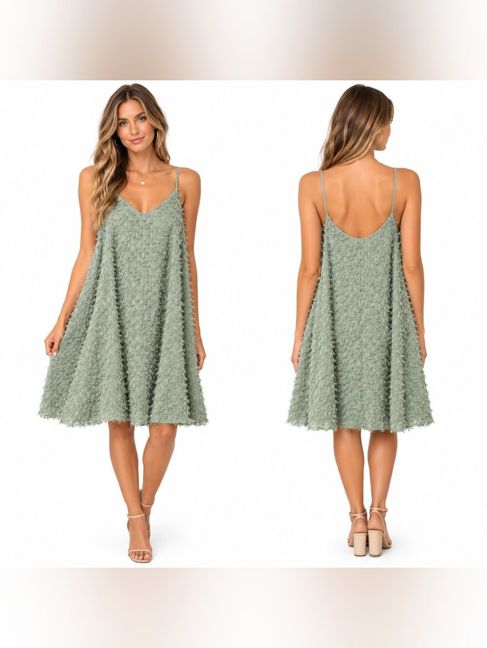 Peach Love California Sage Green Textured Fringe Spaghetti Strap Mini Dress